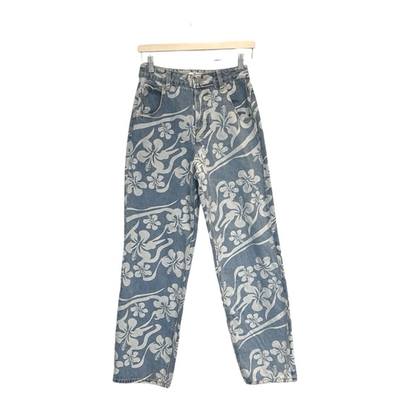 Tiger Mist Hawaiian Hibiscus High Waist Baggy Fit Button Fly Jeans - Picture 1 of 14